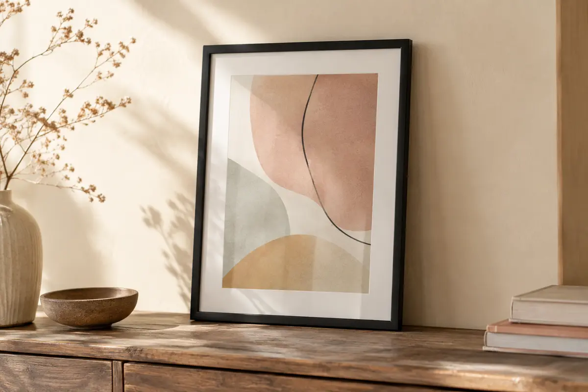 Cadre photo noir moderne posé sur une console en bois devant un mur crème, avec une illustration.