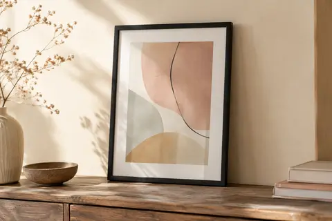 Cadre photo noir moderne posé sur une console en bois devant un mur crème, avec une illustration.