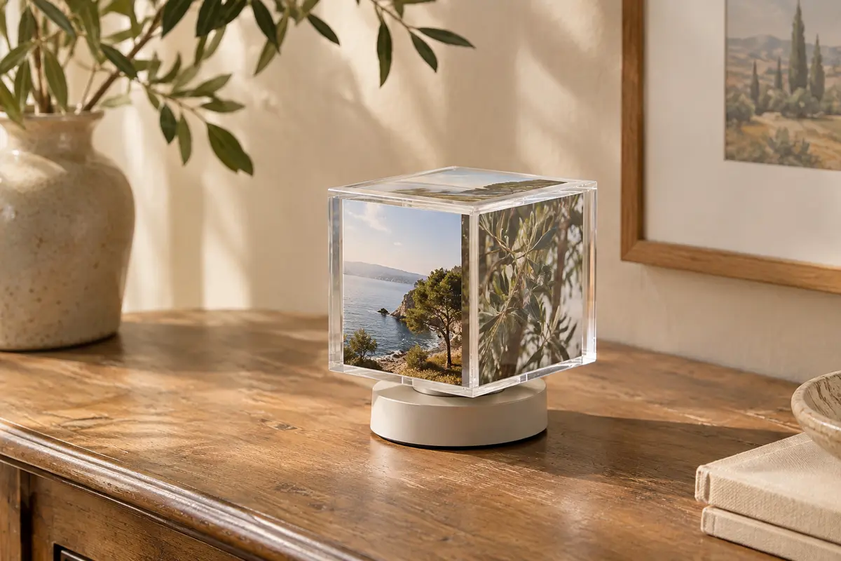 Cube photo rotatif en acrylique transparent sur son socle, présentant six images dans un intérieur chaleureux.
