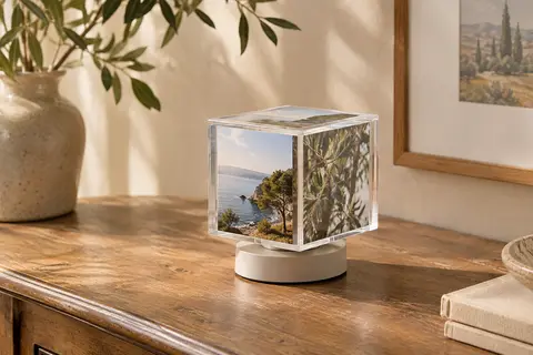 Cube photo rotatif en acrylique transparent sur son socle, présentant six images dans un intérieur chaleureux.