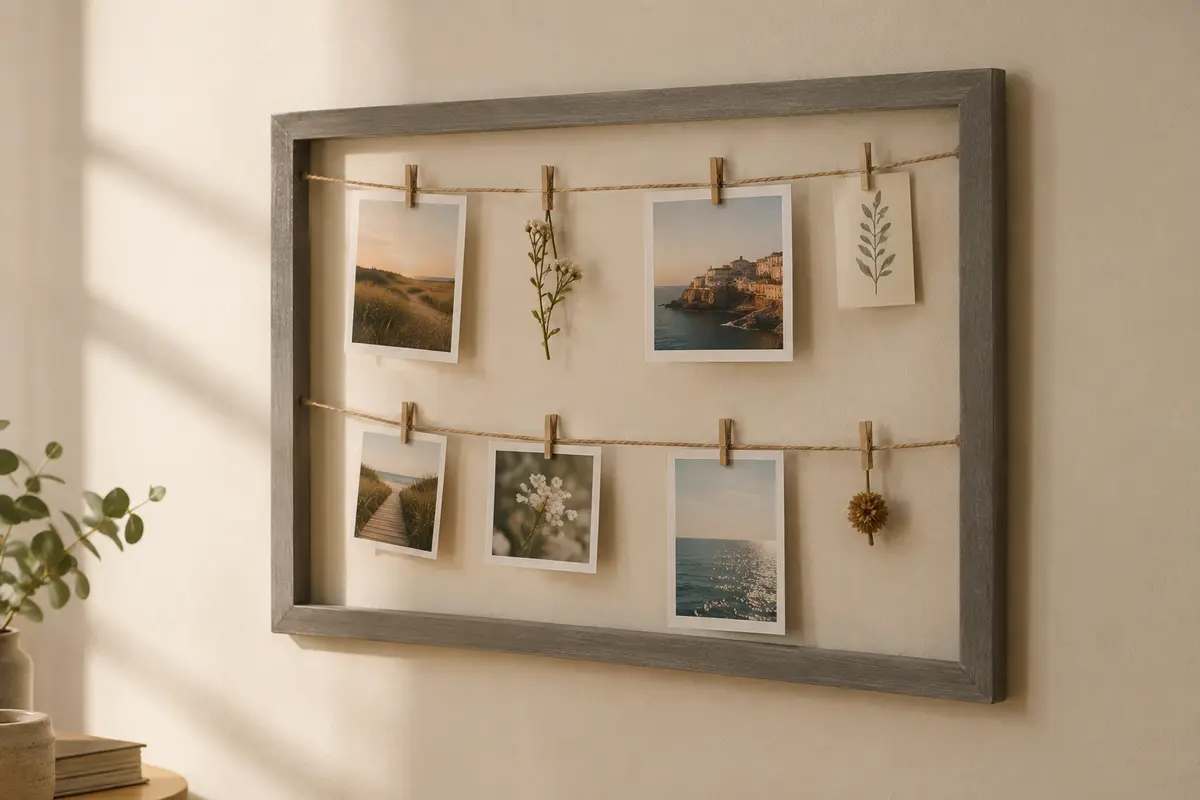 Cadre photo gris Hama Muro avec deux cordons et des pinces, accroché sur un mur crème