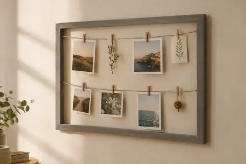 Cadre photo gris Hama Muro avec deux cordons et des pinces, accroché sur un mur crème