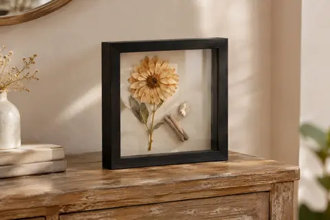 Boîte-cadre carrée noire en bois et plexiglas, posée sur une console avec une fleur séchée.