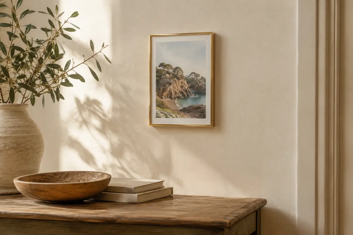 Cadre photo Heimlich en aluminium doré, accroché sur un mur crème avec une photographie
