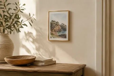 Cadre photo Heimlich en aluminium doré, accroché sur un mur crème avec une photographie