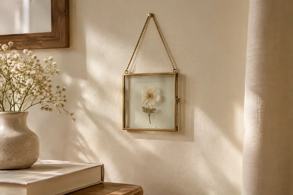 Cadre flottant carré en verre et métal doré suspendu au mur, présentant une fleur pressée.