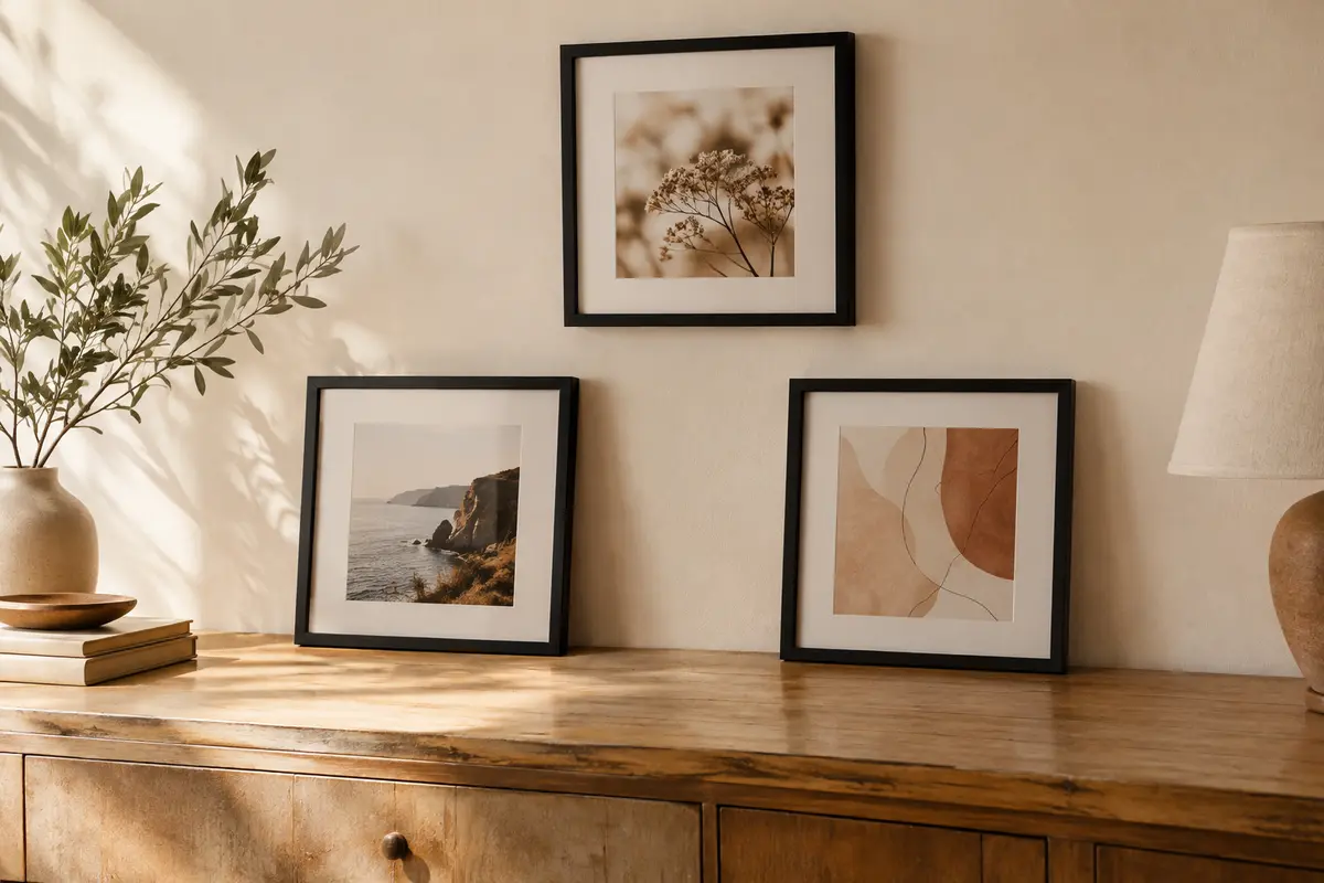 Trois cadres photo carrés noirs à finition mate, accrochés au mur et posés sur une console en bois.
