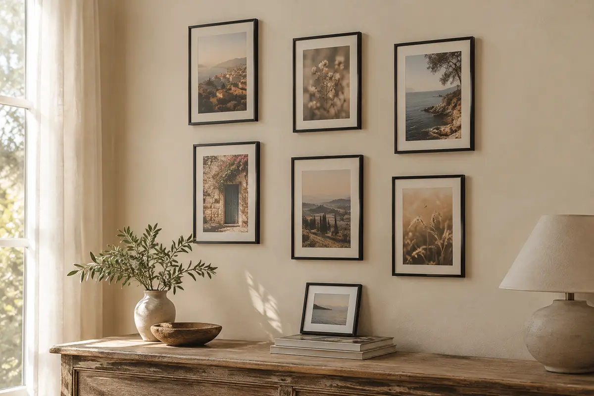 Lot de cadres photo à bordure noire étroite, accrochés au mur crème et posés sur une console