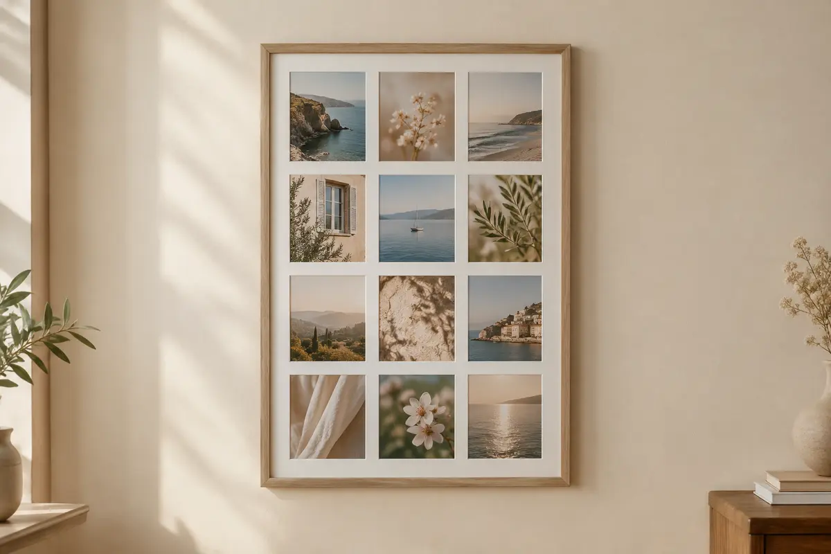 Cadre photo pêle-mêle mural beige et blanc en bois et verre, avec douze vues, accroché sur un mur crème.