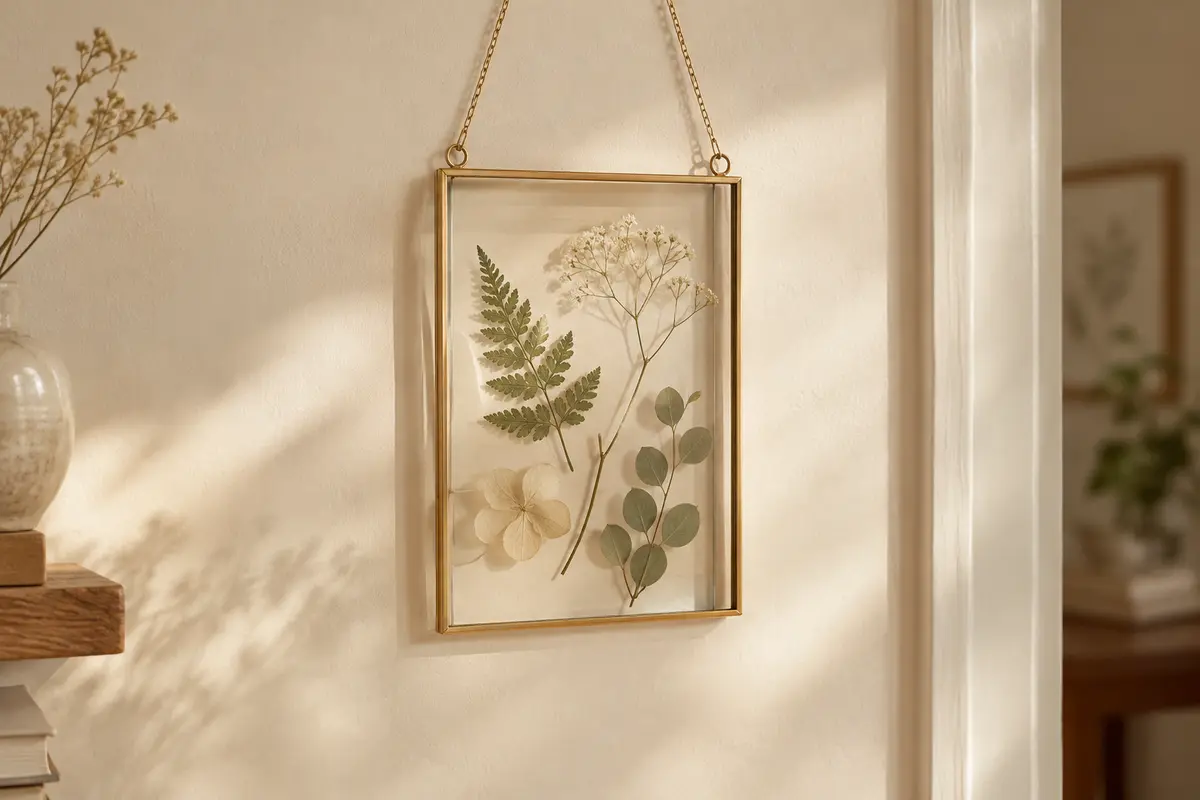Cadre photo flottant doré suspendu sur un mur crème, avec des feuilles pressées entre deux vitres transparentes.