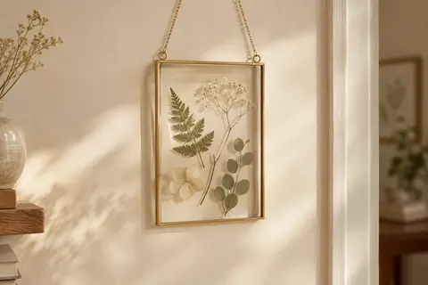 Cadre photo flottant doré suspendu sur un mur crème, avec des feuilles pressées entre deux vitres transparentes.