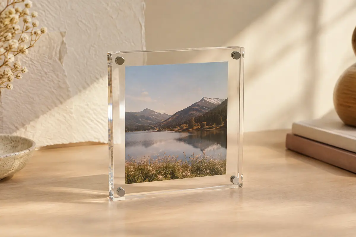 Petit cadre photo transparent en acrylique, fermé par des aimants aux quatre coins et posé sur un bureau clair.