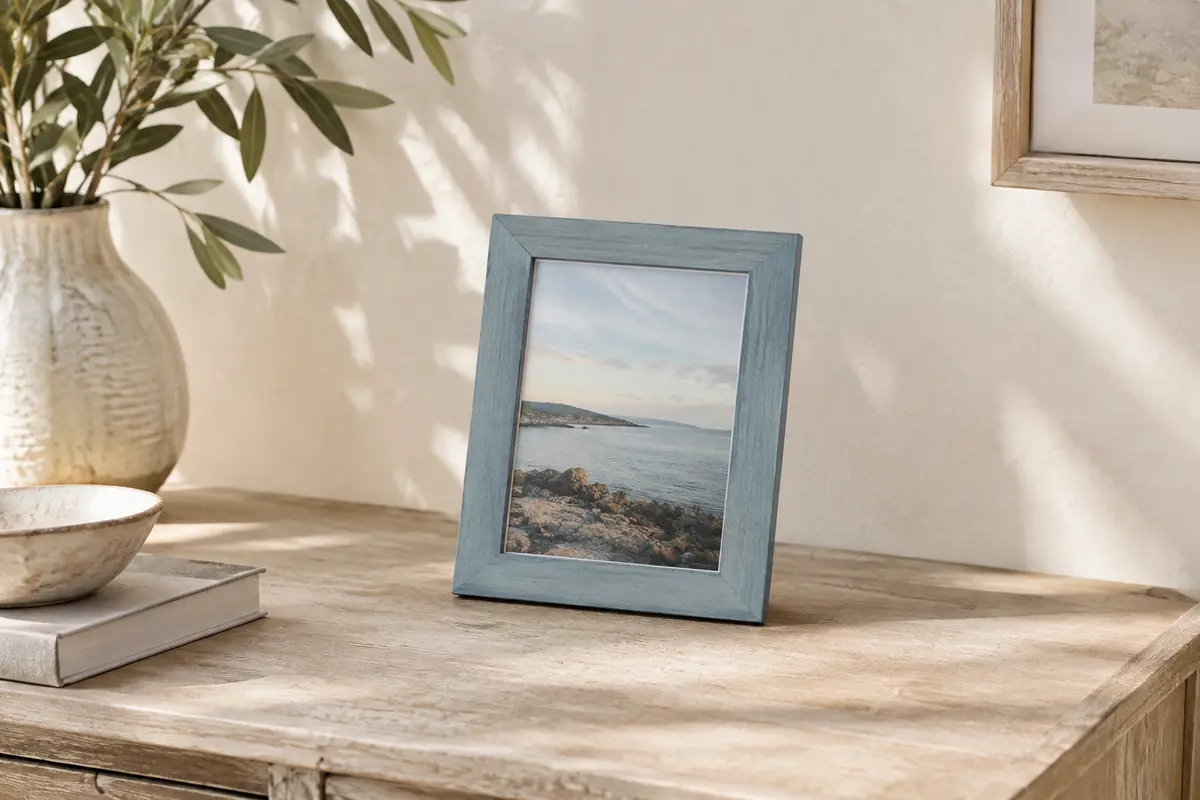 Cadre photo gris azur texturé posé sur une console contre un mur crème, avec une image de paysage.