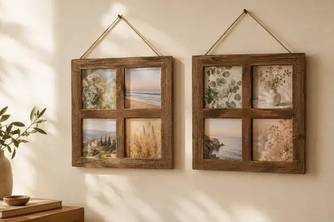 Deux pêle-mêle muraux carrés en bois brun rustique, avec quatre photos chacun et cordons de suspension.