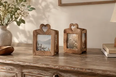 Deux cadres photo rotatifs en bois avec détail en forme de cœur, posés sur une console dans un intérieur chaleureux.