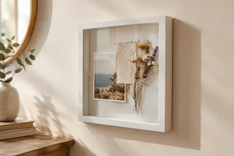 Cadre photo profond blanc présentant une photographie, une carte et des fleurs séchées sur un mur crème.