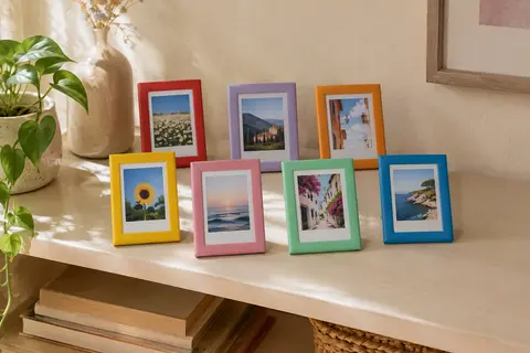 Petits cadres multicolores pour photos instantanées, posés en deux rangées sur une étagère claire contre un mur crème.