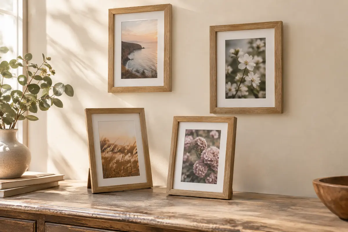 Quatre cadres photo en MDF au relief façon chêne, posés et accrochés sur un mur crème