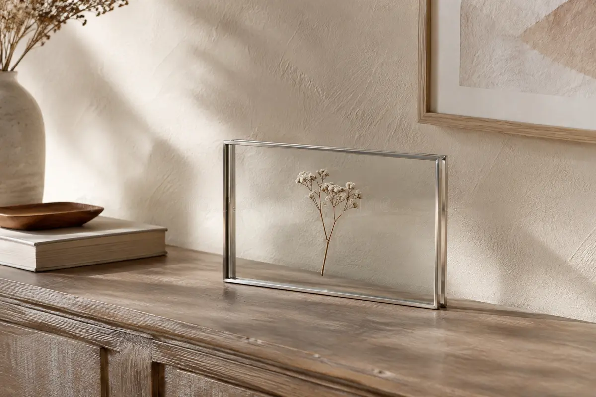 Cadre photo flottant en métal argenté et verre, posé sur une console en bois avec une fleur séchée