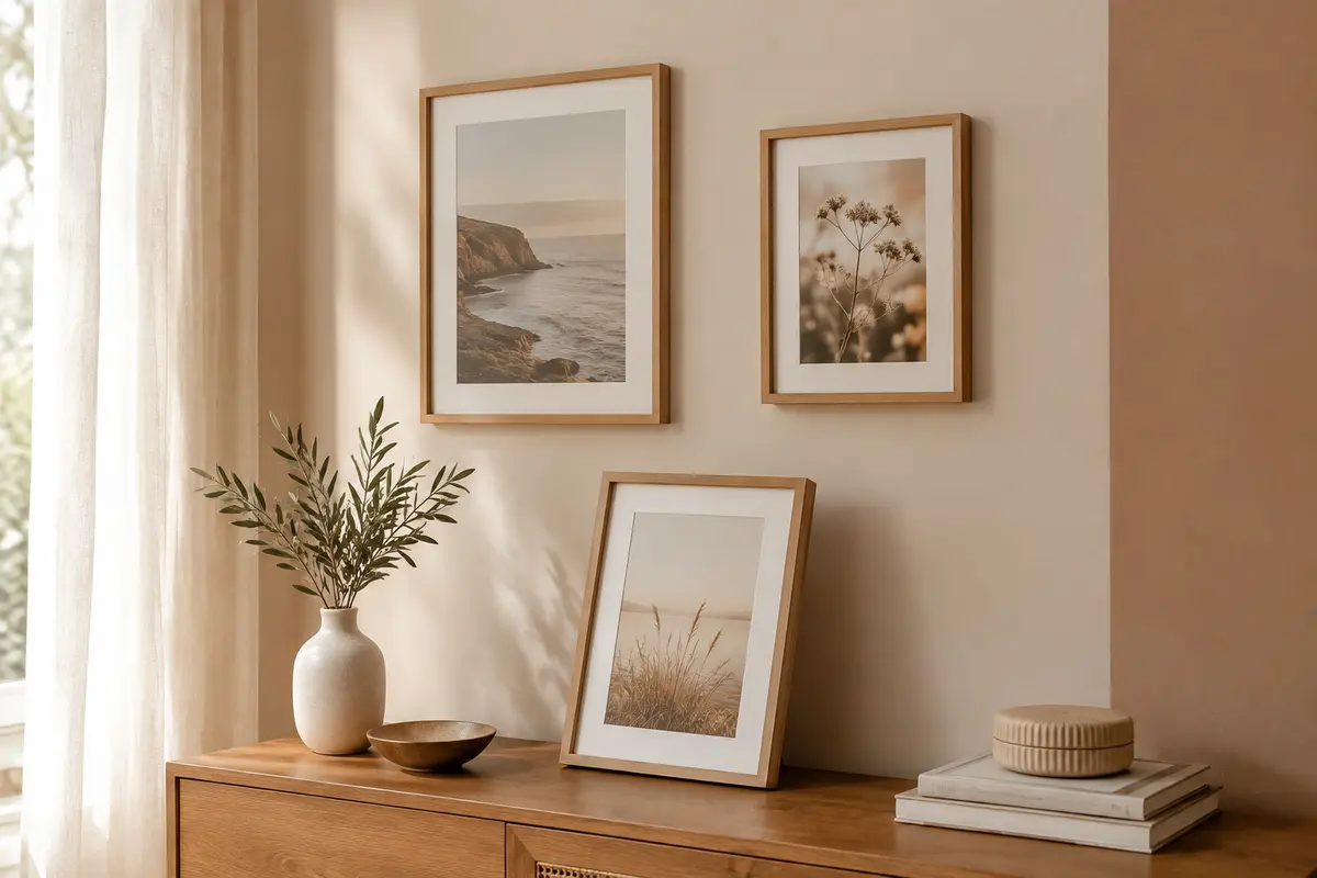 Trois cadres photo ton naturel, deux accrochés au mur et un posé sur une console, avec des images encadrées.