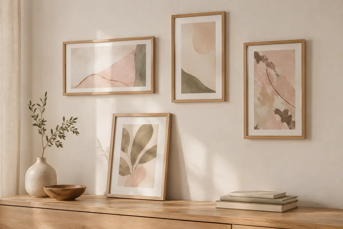 Quatre cadres photo en chêne avec passe-partout, accrochés au mur et posés sur un meuble