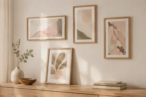 Quatre cadres photo en chêne avec passe-partout, accrochés au mur et posés sur un meuble