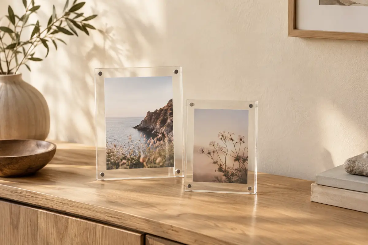 Deux cadres photo transparents à aimants posés sur une console en bois clair dans un intérieur lumineux.