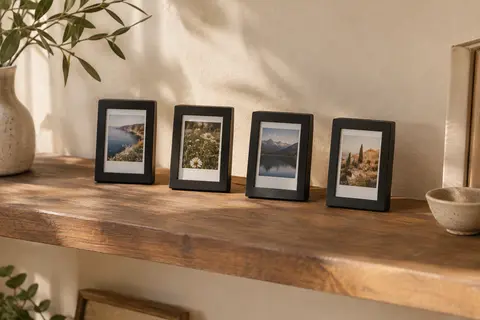 Quatre mini cadres noirs pour tirages Instax Mini posés sur une étagère en bois clair.