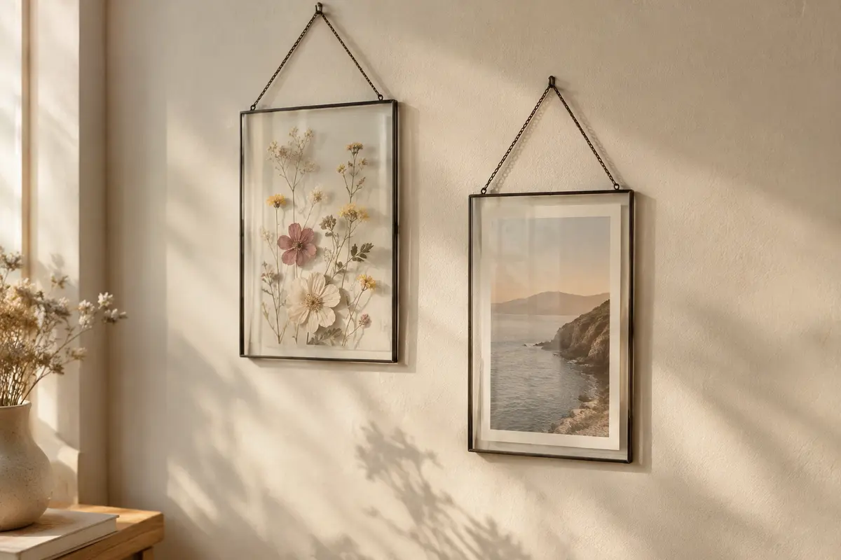 Deux cadres photo suspendus en verre transparent, dont un présente des fleurs pressées sur un mur crème.