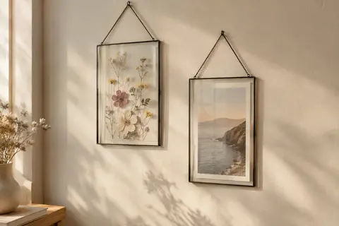 Deux cadres photo suspendus en verre transparent, dont un présente des fleurs pressées sur un mur crème.