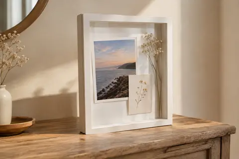 Cadre photo profond blanc en bois, avec façade transparente, posé sur une console contre un mur crème.