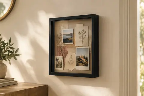 Cadre boîte noir profond accroché au mur, présentant des photos et de petits souvenirs