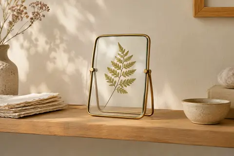 Cadre flottant en verre et fer doré posé sur une étagère, avec une feuille pressée entre ses panneaux.