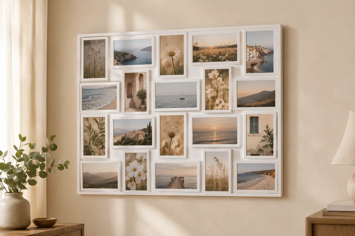 Pêle-mêle mural blanc à nombreuses ouvertures, en portrait et en paysage, accroché sur un mur crème dans un intérieur lumineux.