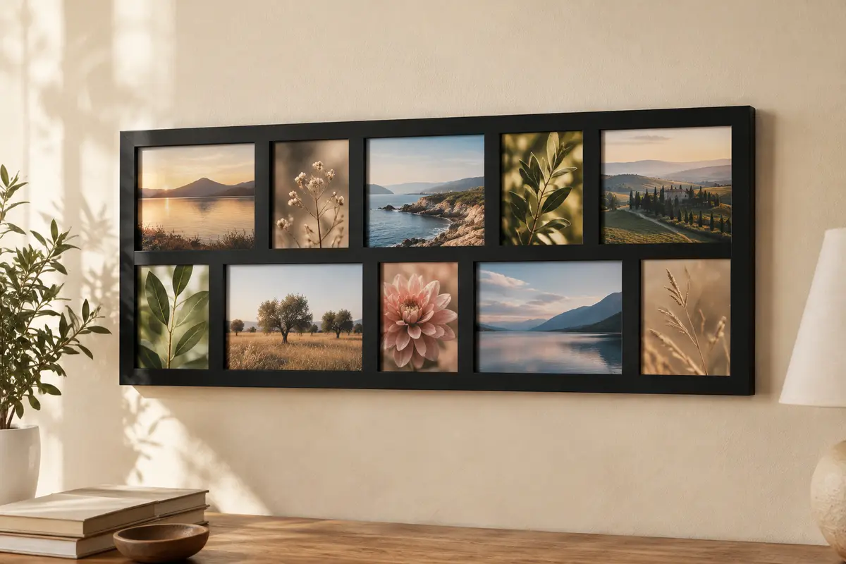 Cadre photo pêle-mêle mural noir à dix ouvertures, accroché sur un mur crème dans un intérieur lumineux