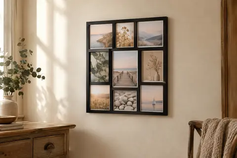 Pêle-mêle mural noir à plusieurs ouvertures garnies de photos, accroché sur un mur crème dans un intérieur lumineux.