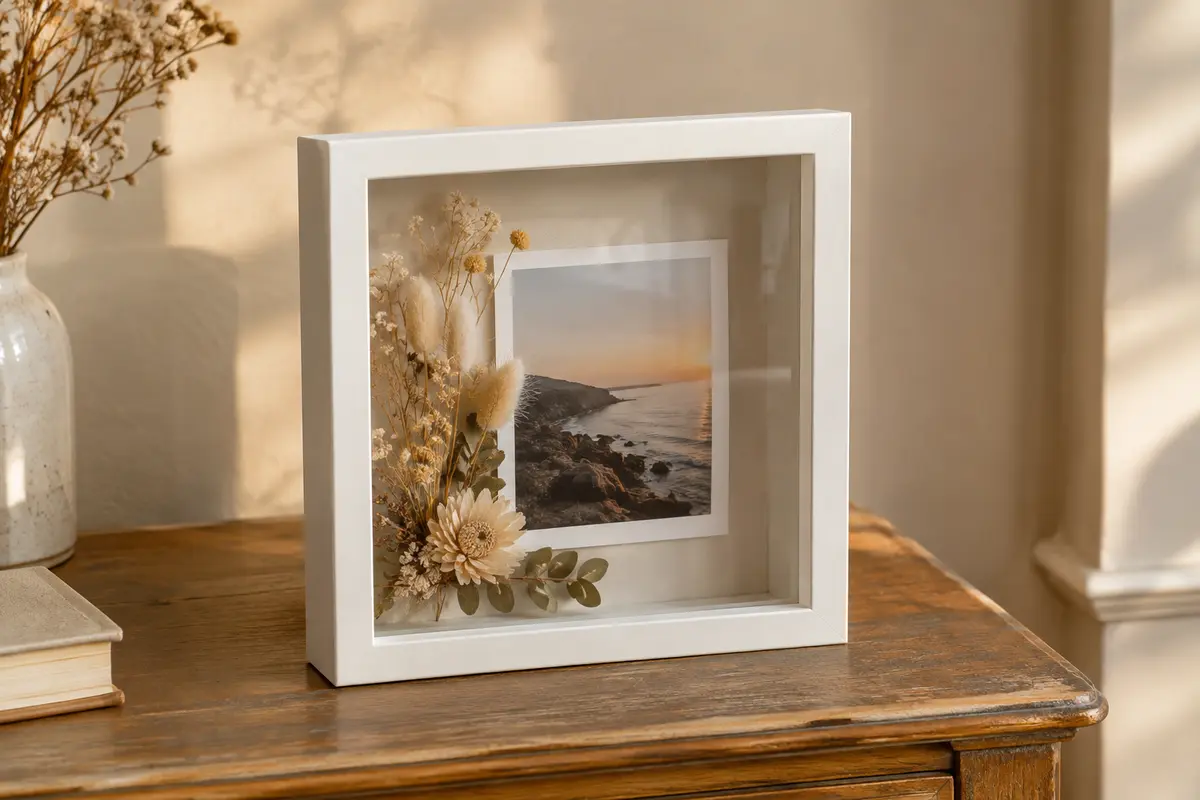Cadre photo vitrine carré blanc posé sur une console, présentant une photographie et des fleurs séchées