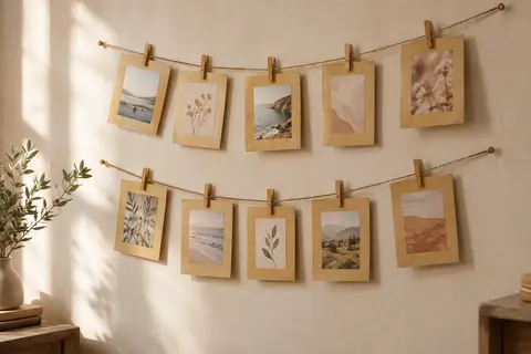 Pêle-mêle de cadres photo en papier kraft jaune lin, retenus par des pinces en bois sur des cordes en chanvre.