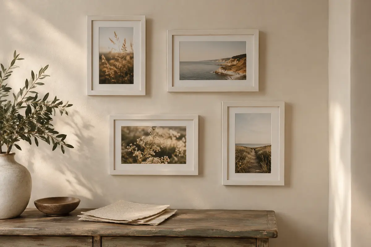 Quatre cadres photo blancs en bois, accrochés sur un mur crème avec des images en format portrait et paysage.