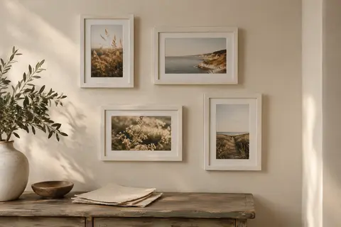 Quatre cadres photo blancs en bois, accrochés sur un mur crème avec des images en format portrait et paysage.