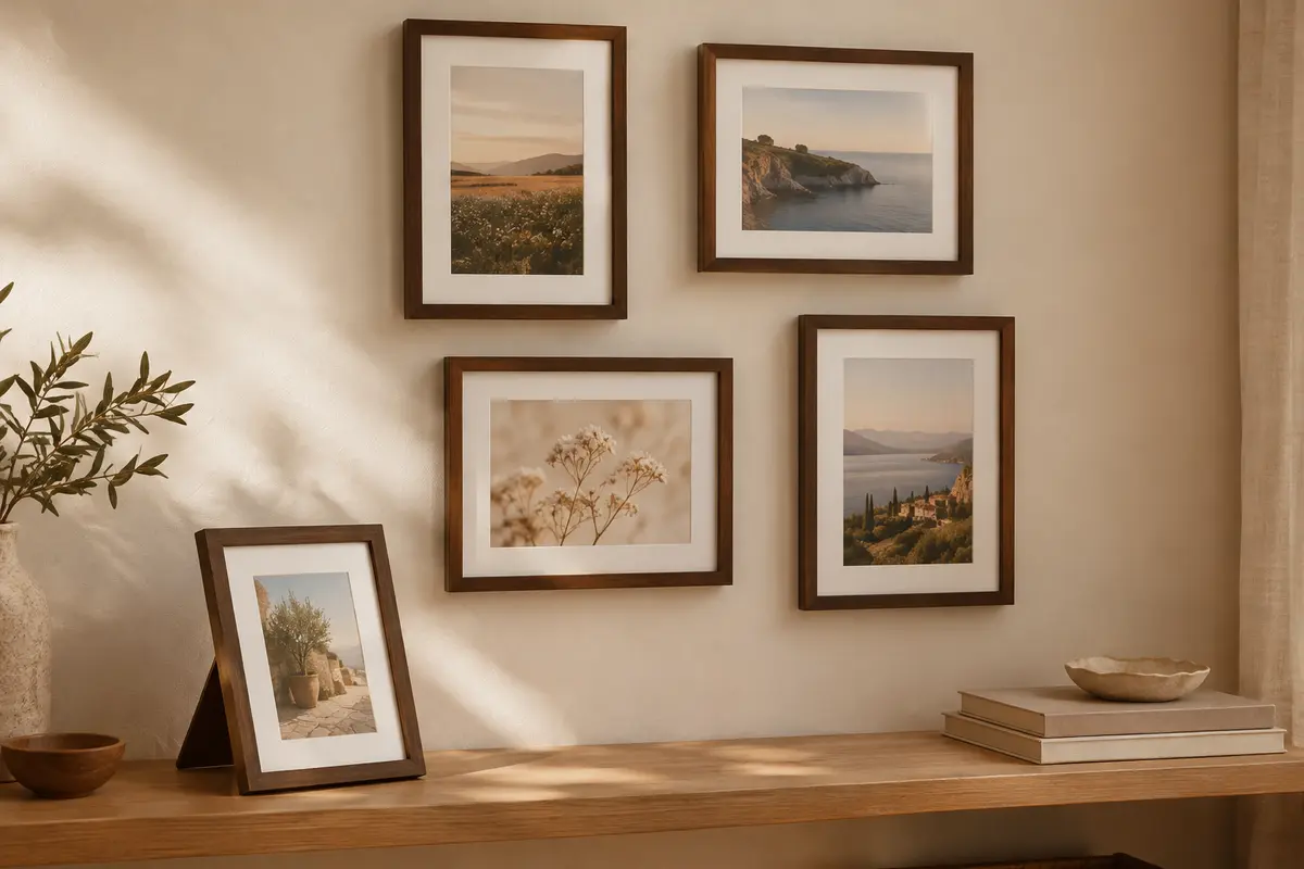 Cadres photo au ton noyer avec passe-partout, accrochés au mur et posés sur une étagère en bois clair.