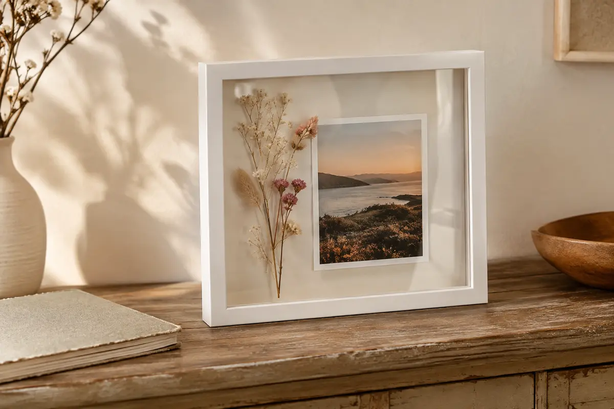 Cadre photo 3D blanc posé sur une console, avec fleurs séchées et photographie visibles derrière la plaque transparente.
