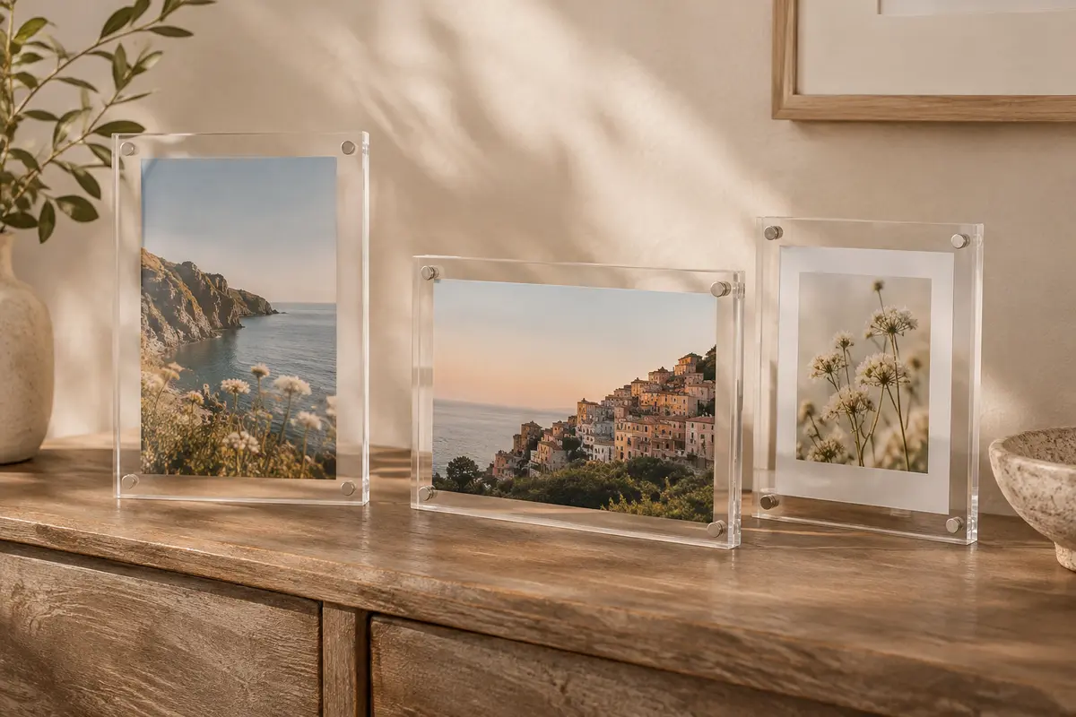 Trois cadres photo transparents à poser, avec photos recto verso sur une console aux tons crème et argile.