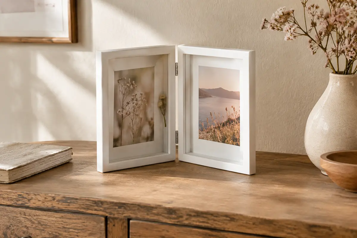 Cadre photo double pliant blanc posé ouvert, avec deux portraits et une petite fleur séchée sous verre
