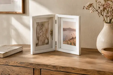 Cadre photo double pliant blanc posé ouvert, avec deux portraits et une petite fleur séchée sous verre