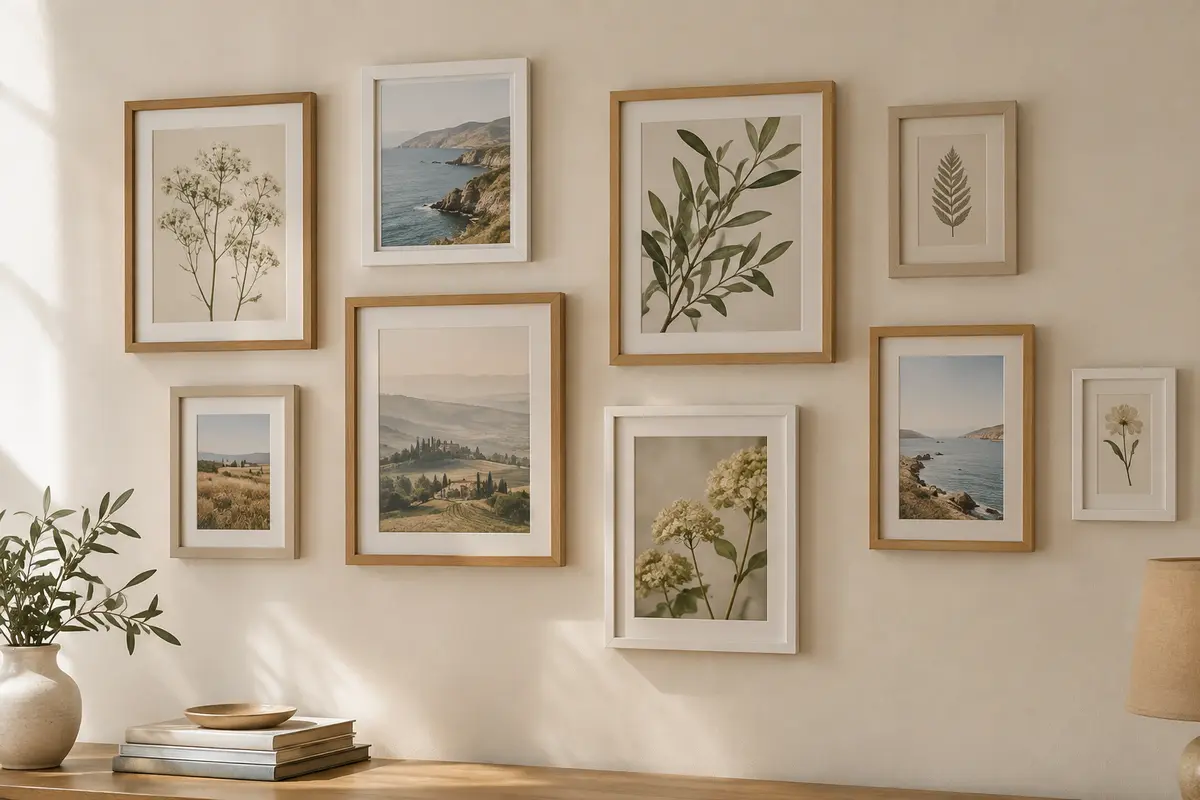 Cadres photo de plusieurs tailles aux finitions bois clair et blanc, réunis sur un mur crème avec des images botaniques et des paysages.