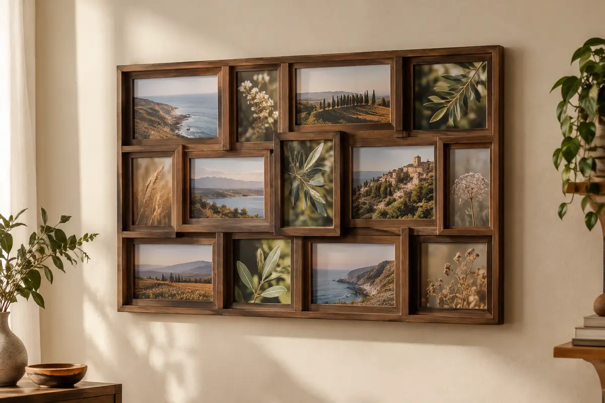 Pêle-mêle mural marron rustique à ouvertures multiples, accroché sur un mur crème dans un intérieur lumineux.