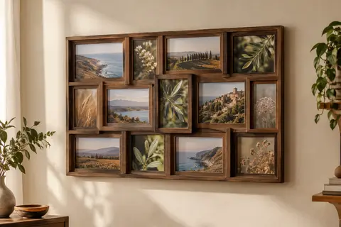 Pêle-mêle mural marron rustique à ouvertures multiples, accroché sur un mur crème dans un intérieur lumineux.