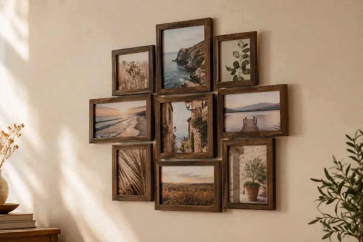 Pêle-mêle mural de cadres photo en bois marron rustique, assemblés sur un mur crème.