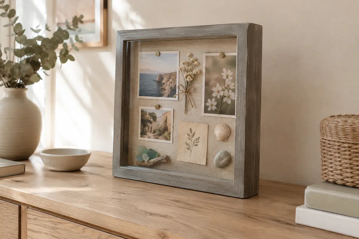 Boîte-cadre grise en bois avec fond en lin, posée sur une console et garnie de petits souvenirs.